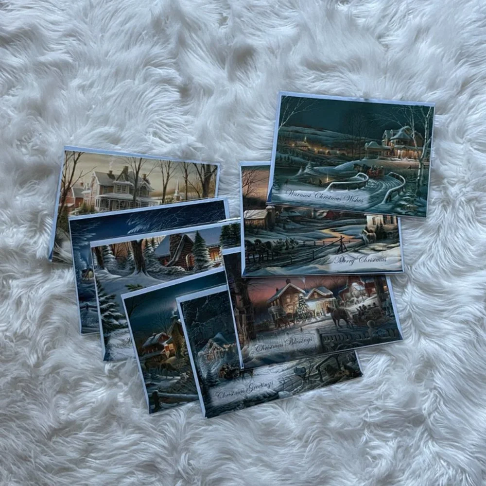 8 Holiday cards set individually sealed in plastic with matching print envelope